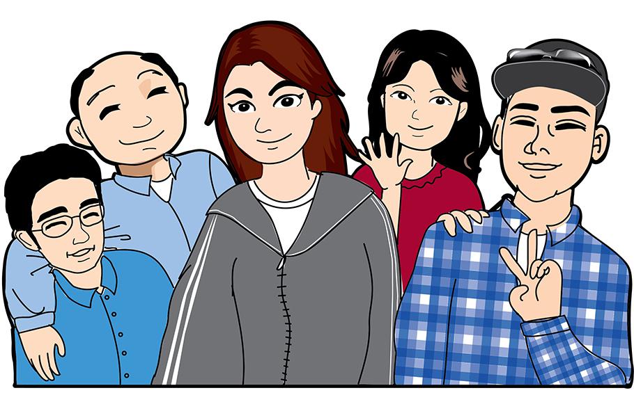 Illustrations of PMD writers and an editor (From left to right): Shoji Kudaka, Takahiro Takiguchi, Denisse Rauda, Hyemin Lee and Luis Samayoa.